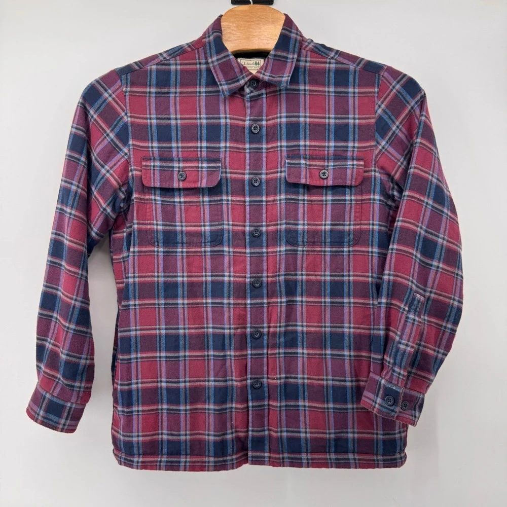 L.L. Bean Shirt Jacket Mens M Burgundy Plaid Fleece Lined Traditional Fit 298189